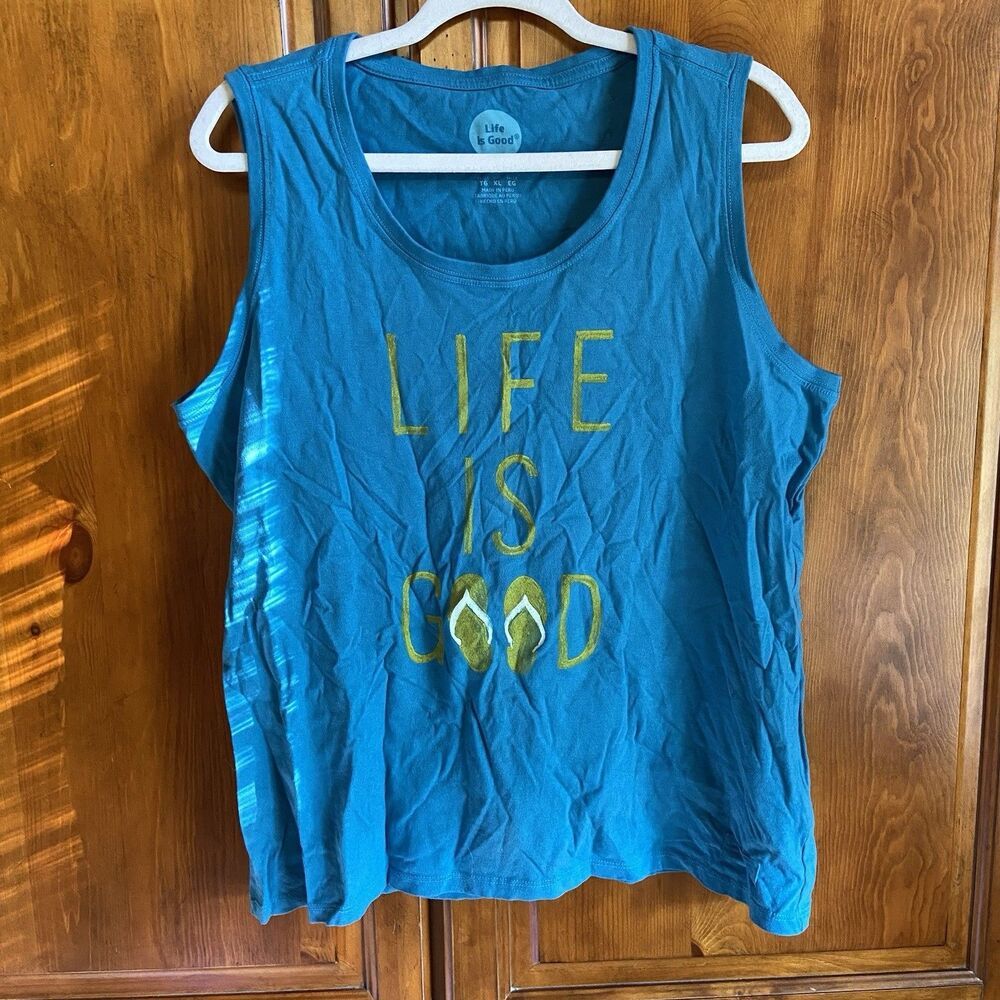 Life Is Good 100% Cotton Graphic Tank Top Size XL Blue Sleeveless Summer Beachy